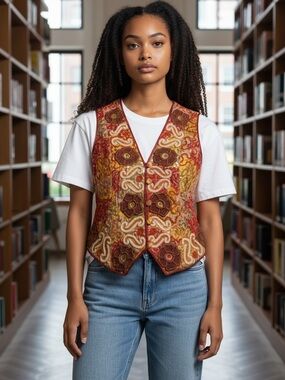 VTG 80’s Class Orange Gold Floral Beaded Embellished Button Up Vest Boho Chic